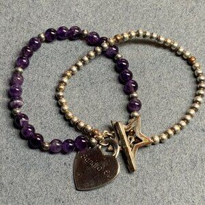 "Sandra E" Engraved Bracelet 7 In Purple Silver Double Star Toggle Heart Charm